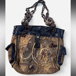 Elegant Brown and Black Beaded Women's Bag